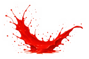 Red paint splash exploding in dynamic motion, creating abstract liquid droplets and splatters, transparent background