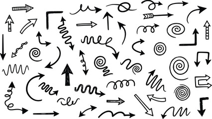 Hand Drawn Doodle Arrows Collection Pointing Various Directions Isolated on Transparent Background
