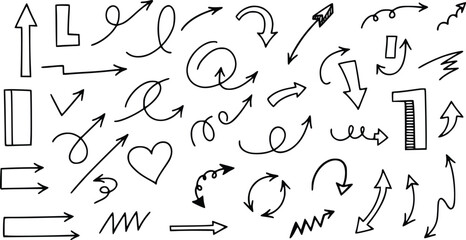 Hand Drawn Doodle Arrow Collection with Various Shapes Curvy Straight Pointing Isolated on Transparent Background