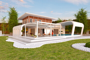 3d render modern villa with pool