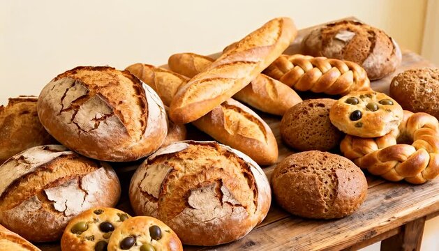 Assortment of hearth baked breads and rolls piled on a rustic wooden table, bread selection, loaves,.