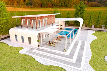 3d render modern villa with pool