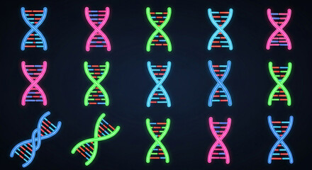 Stunning collection of vibrant neon DNA helix icons glowing against a dark digital background for science themes