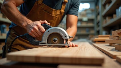 Carpenter cutting a wooden plank with an electric circular saw in a workshop with sawdust flying