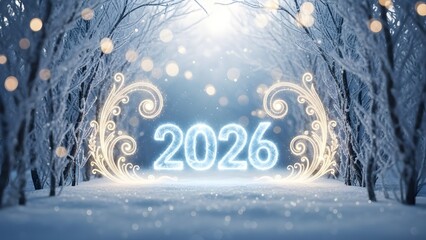 Magical glowing number 2026 illuminated in a snowy winter forest tunnel with sparkling lights and ornate gold decoration, symbolizing the upcoming new year celebration