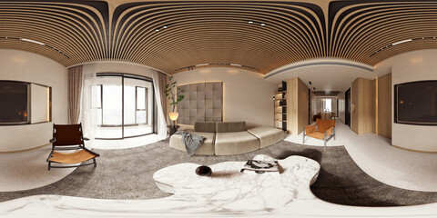 3d render modern living room interior, 360 degree view