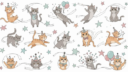 A delightful collection of cute cartoon cats celebrating a birthday party.