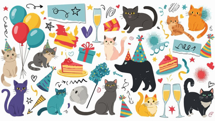 Cats and party elements illustration for birthday celebration. © Andik