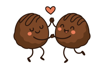 Cute cartoon chocolate eggs holding hands with a heart above