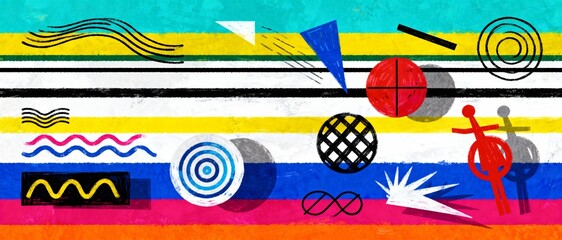 watercolor pattern. Colorful geometric background with hand drawn elements. abstract background with geometric shapes and lines in red, blue, yellow and green colors. Vintage drawing on colorful.