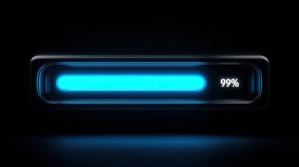A vibrant blue glowing digital progress bar displays a 99% completion rate against a dark background, evoking a sense of near success and technological advancement.