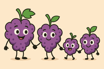 Happy cartoon family of mulberries holding hands on a light background