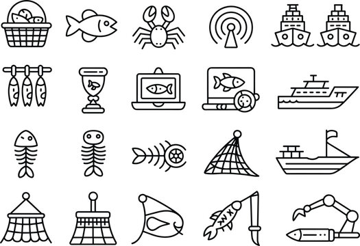 Assortment of fishing and marine-related line art icons Keywords: fishing, marine, sea, ocean, boat, ship, fish, crab, net