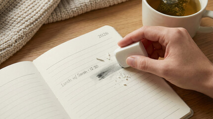 Close up of a pencil eraser removing a handwritten appointment from a paper planner to symbolize rescheduling, cancellation, and time management flexibility