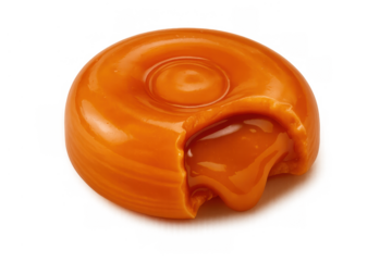 Caramel candy with gooey filling leaking out, a sweet confectionery treat, dessert on transparent background