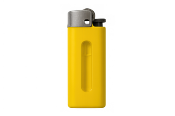 Yellow gas lighter, plastic disposable flint tool, providing flame for ignition, isolated on transparent background