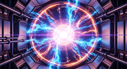 Intense plasma energy discharge within a futuristic fusion reactor chamber with glowing blue and orange electrical arcs