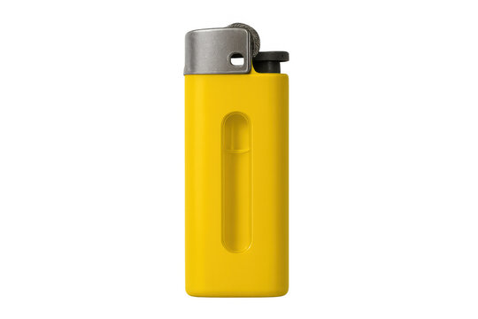 Yellow gas lighter, plastic disposable flint tool, providing flame for ignition, isolated on transparent background