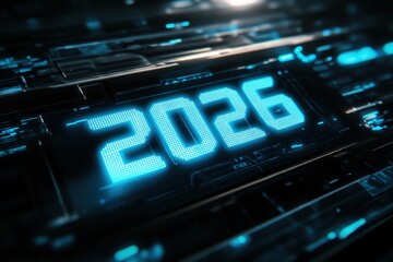 The year 2026 illuminated as a glowing blue digital display on a futuristic circuit board, symbolizing technological advancement and future progress.