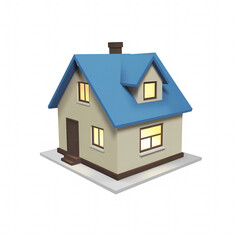 A charming cartoon house with a blue roof and lit windows on a white background