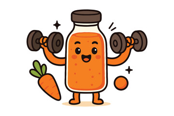 Happy cartoon carrot juice bottle lifting weights for fitness
