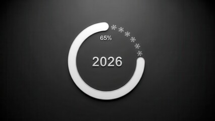 A minimalist circular progress bar indicates 65% completion towards the year 2026, adorned with elegant snowflakes on a dark background, representing seasonal or annual progress.