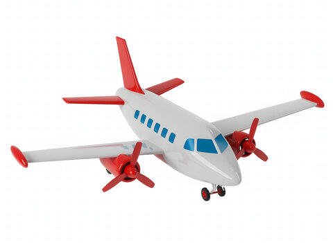A white and red twin-engine propeller airplane isolated on a white background
