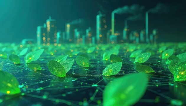 Futuristic cityscape glows in field of illuminated green leaves connected by digital networks. Industrial chimneys rise against dark sky sustainable tech innovation, eco-friendly progress. Vibrant - Powered by Adobe