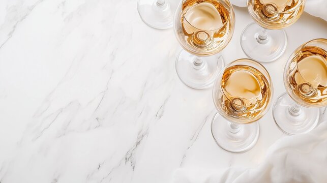 Glasses of white wine arranged on a marble table, as a copy space banner for a wedding invitation card mockup. - Powered by Adobe