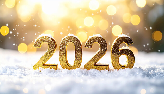 Golden 2026 new year celebration with falling snow and festive bokeh, illustration. AI