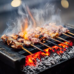 Grilled Meat Skewers on a Grill with Flames