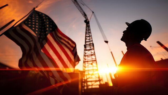 Silhouette of construction worker looking at american flag and crane at sunset
