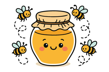 Cute kawaii honey jar with happy face surrounded by flying bees