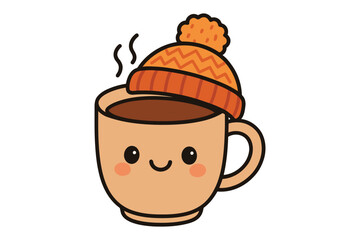 Cute kawaii coffee mug wearing a warm orange winter beanie hat