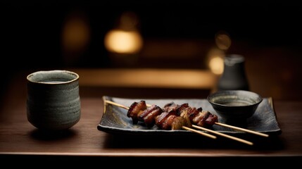 Yakitori Skewers with Dipping Sauce and Drink