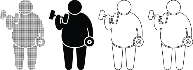 Vector of Set of overweight man icons lifting dumbbells vector illustration for fitness and health concepts isolated on white background