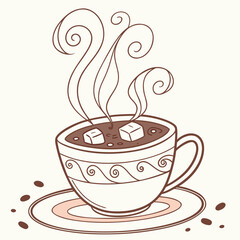 Handdrawn cup of hot chocolate with sugar cubes and steam.
