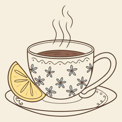 Illustration of a cup of tea with lemon slice.