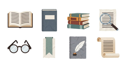 Gather professional antique reading materials icons featuring open books reading glasses and vintage writing tools for education design