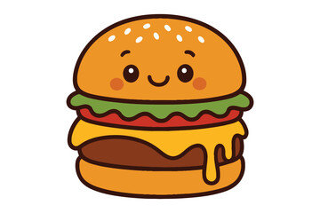Cute kawaii burger character with happy smiling face and melting cheese