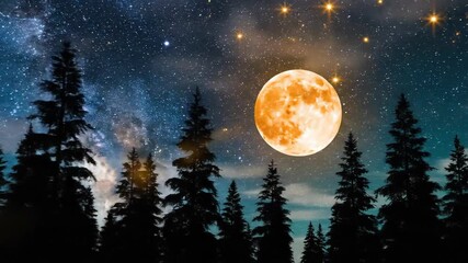 Enchanting Night Sky with Full Moon and Silhouetted Pine Trees. - Powered by Adobe