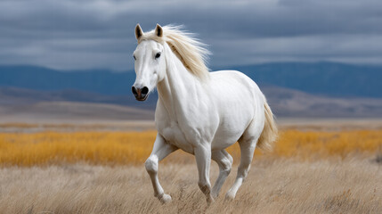 Obraz premium White horse runs as symbol of freedom in wild with flowing mane across open natural landscape