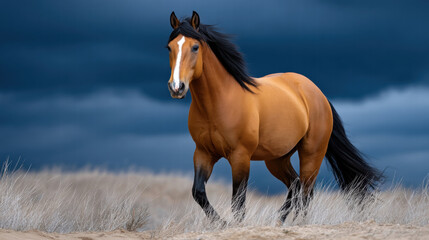 Obraz premium Horse runs as symbol of freedom in wild under dramatic dark blue sky with dry grassland around