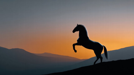 Horse as freedom symbol in wild nature stands rearing on hill with mountain background at sunset sky