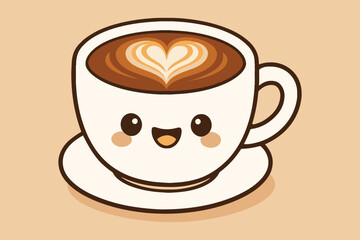 Cute kawaii coffee cup with heart latte art smiling face
