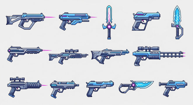 Stunning collection of modern blue futuristic laser guns and energy melee weapons for game design assets