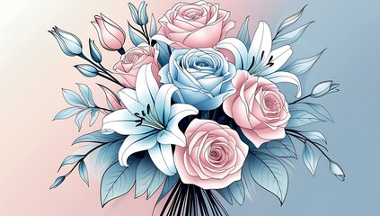 Elegant bouquet of pink roses and blue lilies for graceful cards, romantic invitations, and delicate designs, perfect for weddings and celebrations