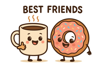 Cute cartoon coffee cup and donut best friends forever illustration