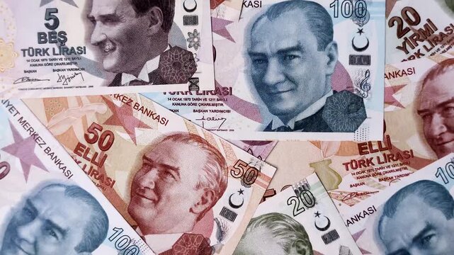 Money, currency of Turkey, lira banknotes of various denominations. Turkish money