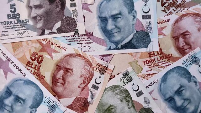 Money, currency of Turkey, lira banknotes of various denominations. Turkish money